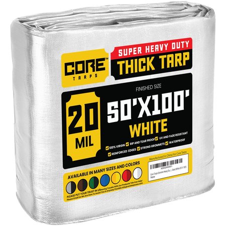 CORE TARPS 100 ft L x 0.5 mm H x 50 ft W Heavy Duty 20 Mil Tarp, White, Polyethylene CT-704-50X100
